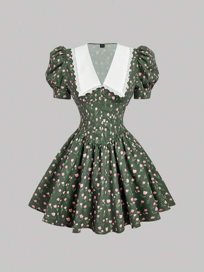 SHEIN MOD Stand Collar Gigot Sleeve Fishbone Bodice Ditsy Floral Dress