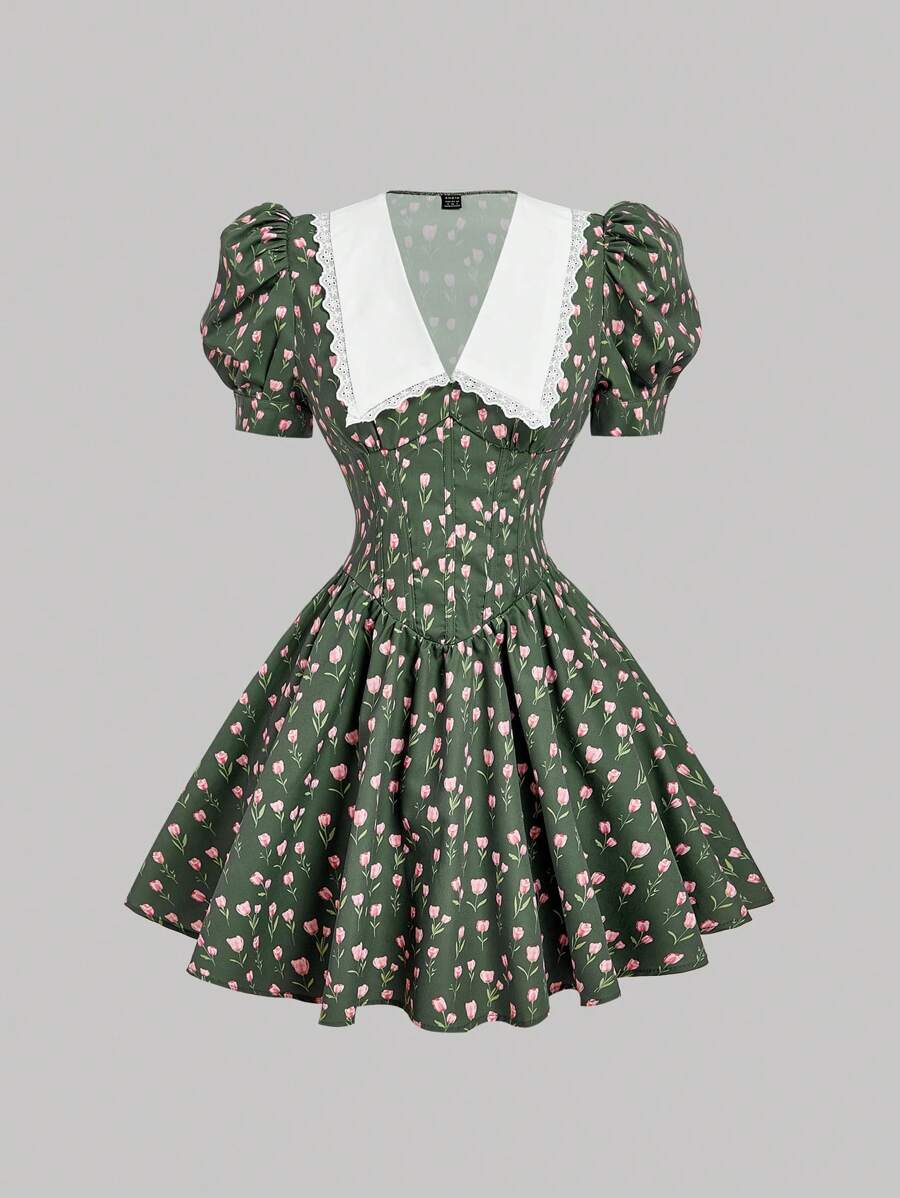 SHEIN MOD Stand Collar Gigot Sleeve Fishbone Bodice Ditsy Floral Dress - Army Green - View 1