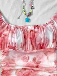 SHEIN 少女春夏/情人节/梦幻粉色碎花连衣裙/度假/节日/复古/沙滩/大海/优雅/女童连衣裙/波西米亚/波西米亚风服装/女童太阳裙 - 粉色 - 查看 6