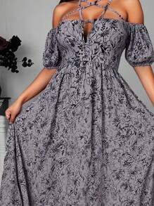 Whyspr 女式休闲朋克深色印花领口抽绳五角星 PU 配饰腰部收紧连衣裙