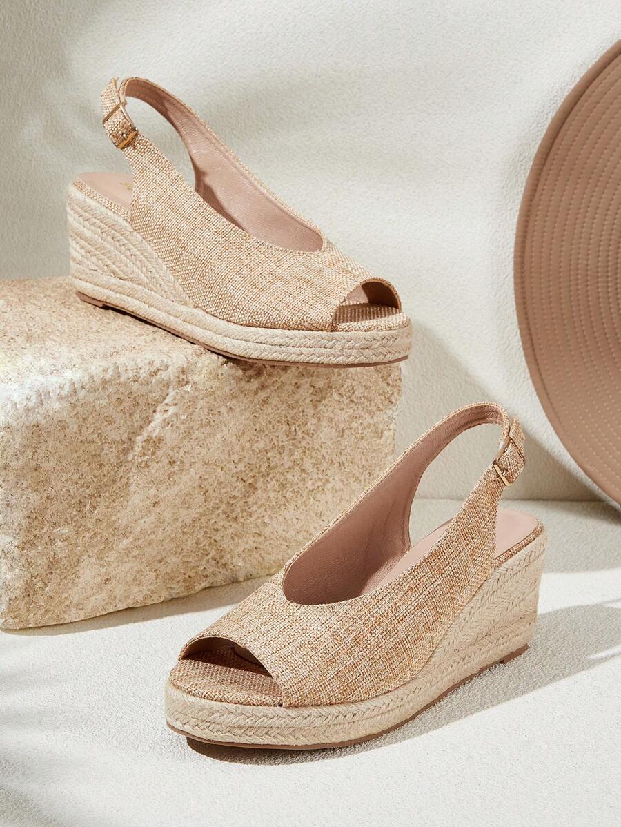 女士坡跟厚底编织凉鞋，波西米亚风格度假装，厚底鞋 - 杏色 - 查看 1