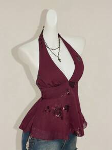 SHEIN ICON 女士时尚休闲露背串珠挂脖背心 - 酒紅色 - 查看 8