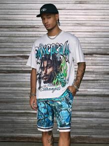 Axepeak 休闲街头服饰，肖像图案 T 恤和松紧腰短裤，男士两件套 - 青碧色 - 查看 5