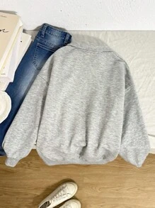 SHEIN 青少年女孩休闲街头风格迷彩和树叶印花宽松圆领落肩短款运动衫，军绿色 - 軍綠色 - 查看 2