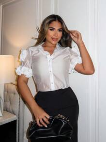 Xyvia Áo cánh tay ngắn một hàng khuy họa tiết hoa 3D trơn màu mùa hè cho nữ - trắng - Xem 4