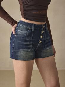 SHEIN BAE 女士夏季休闲水洗牛仔短裤 - 藍色 - 查看 4
