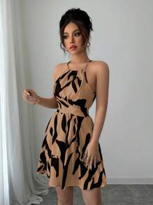 Selianne Women's Black And White Printed Elegant Sleeveless Halter Neck Dress