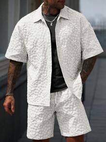Manfinity RSRT Men's Woven Texture Jacquard Shirt And Shorts Set - White - View 3