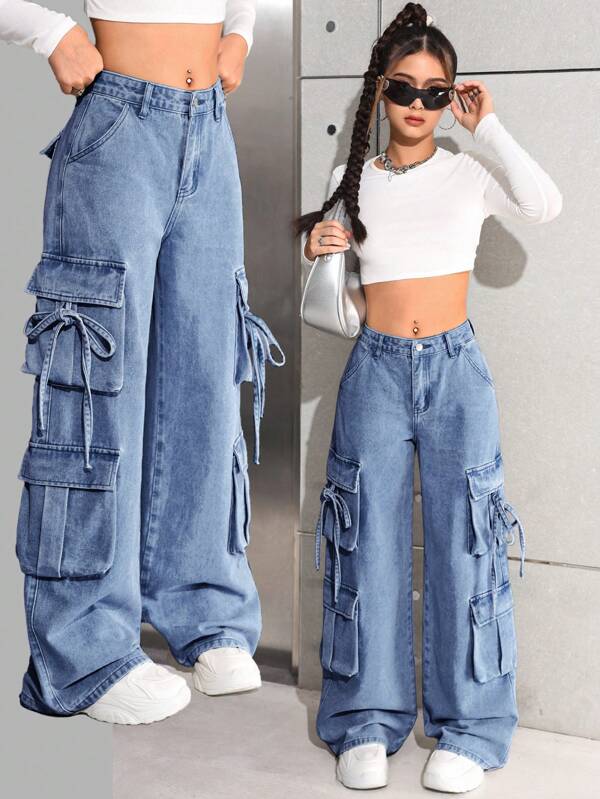 SHEIN Jeans anchos casuales y sueltos con bolsillos tipo cargo para adolescentes