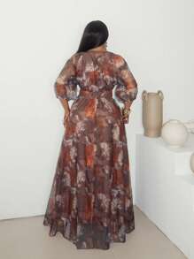 Maweii Summer Plus Size Elegant Fitted Mesh Printed Dress