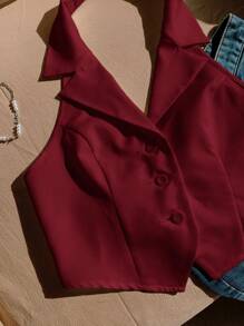 SHEIN EZwear Deep Red Woven Lapel Women's Suit Jacket In Fall/Winter - Burgundy - View 7