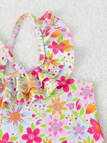 Baby Girl Floral Print Ruffled Hem One-Piece Swimsuit, For Beach Vacation - Multicolor - View 5