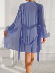 SHEIN 2pcs Set: Fishbone Line Waist Lace Cami Nightdress & 3D Floral Wide Sleeve Mesh Robe - Mauve Purple - View 2