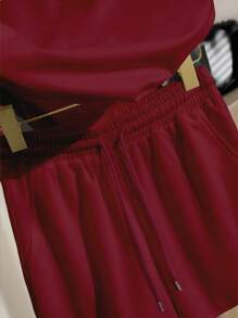TrendSteals 2pcs Women Sets Raglan Sleeve Casual Loose Fit Short Sleeve T-Shirts - Burgundy - View 8
