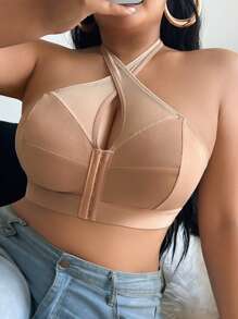 SHEIN 加大码舒适无钢圈低胸挂脖文胸 - 駝色 - 查看 6