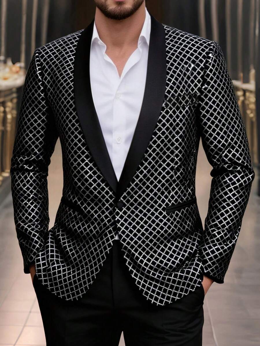 Manfinity AFTRDRK Men's Shawl Collar Plaid Single-Breasted Blazer, Suitable For Ball - Black - View 1