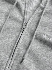 Jouncy 女式字母印花落肩长袖拉链连帽夹克 - 灰色 - 查看 3