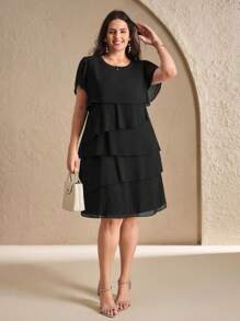 Chikora Đầm xếp lớp mùa hè thường ngày cổ tròn tay loe màu trơn cỡ lớn - màu đen - Xem 6