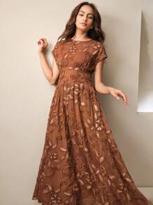 Anewsta 夏季新款复古海滩派对3D刺绣串珠亮片无袖圆领女式连衣裙 - 棕色 - 查看 3