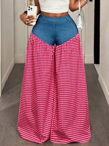 BamGleam Pantalón largo casual de mujer con parches de jean y cuadros - Multicolor - Ver 5