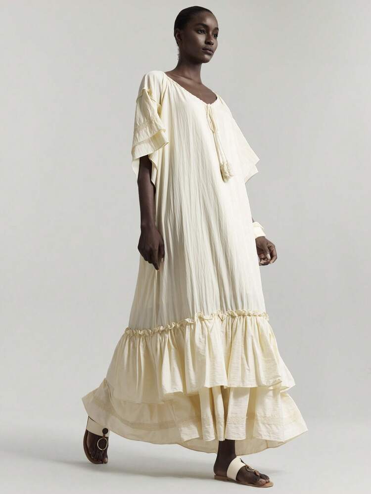 2025 Spring/Summer Women Casual Solid Color Ruffle Hem Dress, Suitable For Holiday, Vacation, Wedding Guest, Church