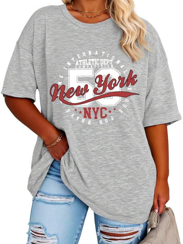 EMERY ROSE Plus Size Casual Loose Mid-Length T-Shirt With New York Slogan And Letter Print, Round Neck, Short/Long Sleeve