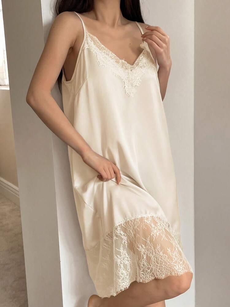 Sleeveless Women's Solid Color Elegant Lace Patchwork Nightgown Pajama