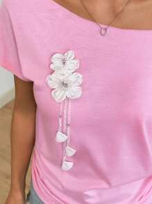 INAWLY Women's Minimalist Convertible Shoulder Crew Neck Short Sleeve T-Shirt With Hand-Made 3D Pearl Flower Tassel Pendant - Multicolor - View 6