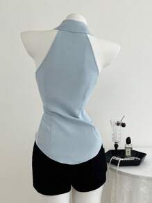 Elamini Áo cánh không tay thêu ôm vừa vặn màu trắng, Xuân/Hè - Màu xanh lam - Xem 2