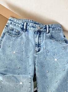 Comfortcana 女式水钻装饰口袋宽腿宽松休闲牛仔裤，闪亮水钻宽松宽腿牛仔裤，夏季，度假，俱乐部性感，乡村音乐会，外出牛仔裤，女士休闲牛仔裤，度假牛仔裤，女士休闲牛仔裤，女士宽松牛仔裤，机场，阔腿裤，街头服饰，趣味牛仔裤，巡航，返校