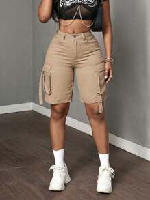 SHEIN CURVE+ 大码女式无弹力牛仔百慕大短裤，欧美风格优雅短裤，夏季美式复古休闲工装短裤 - 卡其色 - 查看 5