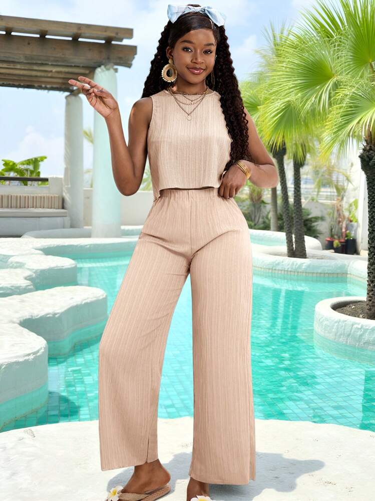 SHEIN Conjunto de 2 piezas para adolescentes - Top sin mangas de cuello redondo en color liso tejido y pantalones anchos de pierna ancha en color liso tejido - Albaricoque - Añade 1