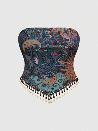 Summer Hippie Vintage Western Cowgirl Music Festival Transparent Wooden Beaded Tassel Hem Paisley Print Boho Plus Size Women Tube Top