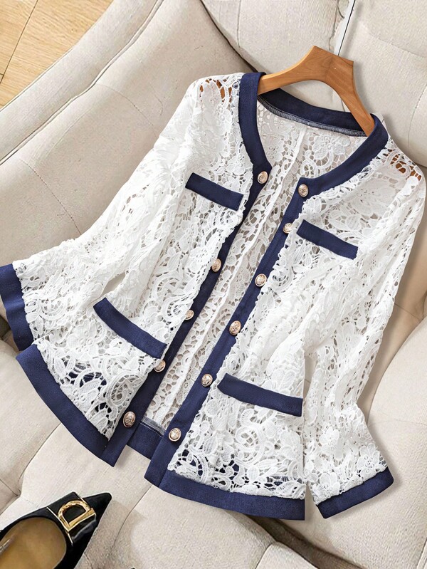 SHEIN Clasi جاكيت كاجوال أنيقة لسيدات البدناء مذيلة بالدانتيل وألوان المباينة مع أزرار