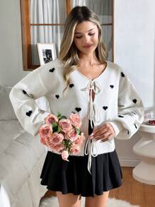 EURMUSE Women Tie Front Heart Jacquard Detailed Cardigan Summer Cardigan For Women Cute Blouses For Women Heart Print Cardigan Tie Front Cardigan  Fall Women Clothes Teacher Outfits For Women Autumn Clothes,Long Cardigans Woman,Petite Cardigans,Cardigans - Cream - View 5