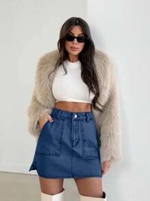 EURMUSE Minigonna di jeans casual con vita alta e tasche per donna - Blu lavato medio - Visualizzare 5