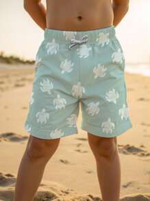Tween Boys' Casual Fashionable Cute Cartoon Turtle Print Loose Beach Shorts, Suitable For Summer, Beach, Outdoors, Swimming