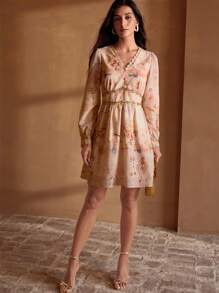 MOTF PREMIUM Robe col V à imprimé floral tissé avec bordure en dentelle dorée, robe décontractée élégante pour les vacances et le quotidien - Kaki - Voir 4