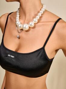 Muvela Women's Versatile Stretch Satin Cami Top Black Crop Top Women Crop Top Built In Bra Top Club - Black - View 8