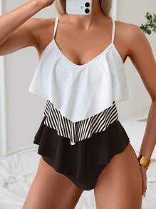 Swim Lushoire Women's Summer Beach Striped Patchwork Ruffle Hem Tankini Swimsuit Set - Black and White - View 3