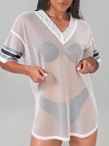 Swim EVENT Women's Simple Casual Loose V-Neck Short Sleeve Cover Up T-Shirt For Summer Beach Vacation - Black and White - View 3