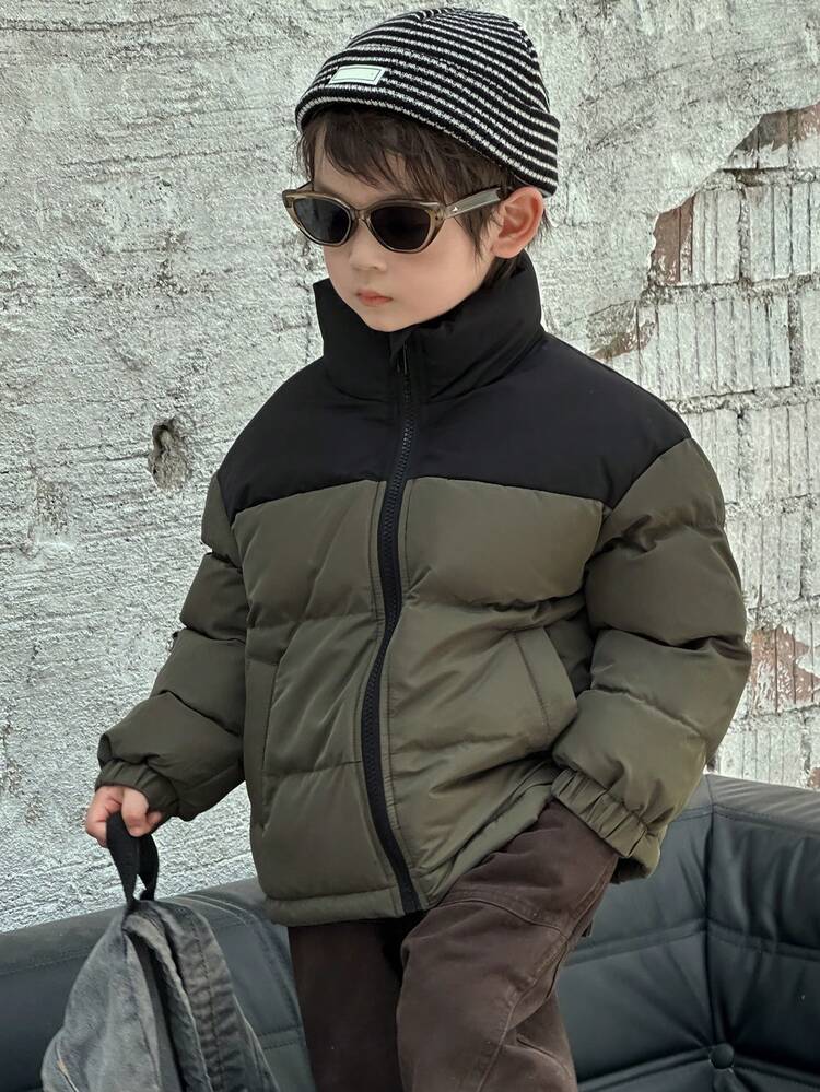 Young Boys Contrast Color Hooded Casual Padded Coat