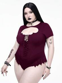 ROMWE Goth 哥特风格夏季海滩蝙蝠下摆领镂空大码女式紧身衣，酒红色 - 酒紅色 - 查看 4