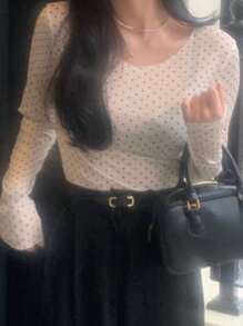 DAZY 女士波尔卡圆点半透视长袖圆领打底上衣，春夏 - 杏色 - 查看 6