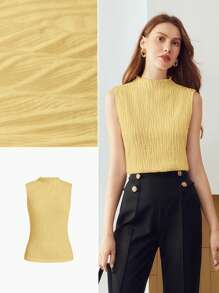 MOTF PREMIUM WOMEN'S KNITTED JACQUARD TEXTURED FABRIC FUNNEL NECK TANK TOP - Yellow - View 8