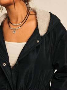 SHEIN LUNE Plus Size Waisted Hooded Jacket, For Winter Fall Autumn - Black - View 7