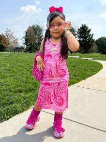 SHEIN Young Girl Casual Fashion Street Style Square Neck Tie-Dye Printed Snug Fit Pink Dress - Pink - View 1