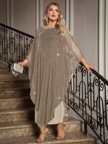 SHEIN Clasi 加大码优雅雪纺长款披肩连衣裙婚礼宾客正式鸡尾酒会新娘母亲装，女士正式礼服 - 卡其色 - 查看 4