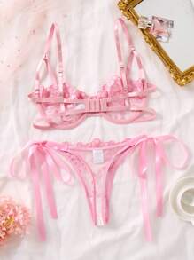 SHEIN Bộ 2 chiếc/Bộ đồ lót ren thêu màu xanh da trời gợi cảm cho nữ - Hồng - Xem 2