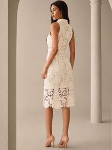 Lilora Vestido de encaje de longitud media con cuello de camisa sin mangas, elegante y bordado con diseño calado, adecuado para ir a trabajar, uso diario y fiestas, con estilo urbano, romántico y elegante para salir - Albaricoque - Ver 3